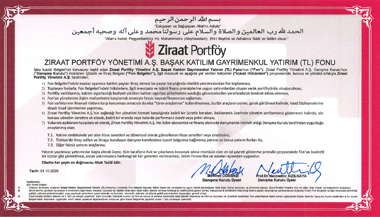Ziraat Portföy Başak Katılım GYF İcazet Belgesi