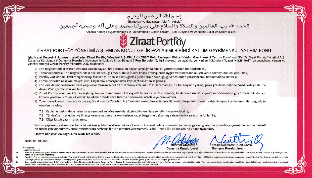 Ziraat Portföy Emlak Konut Katılım GYF İcazet Belgesi