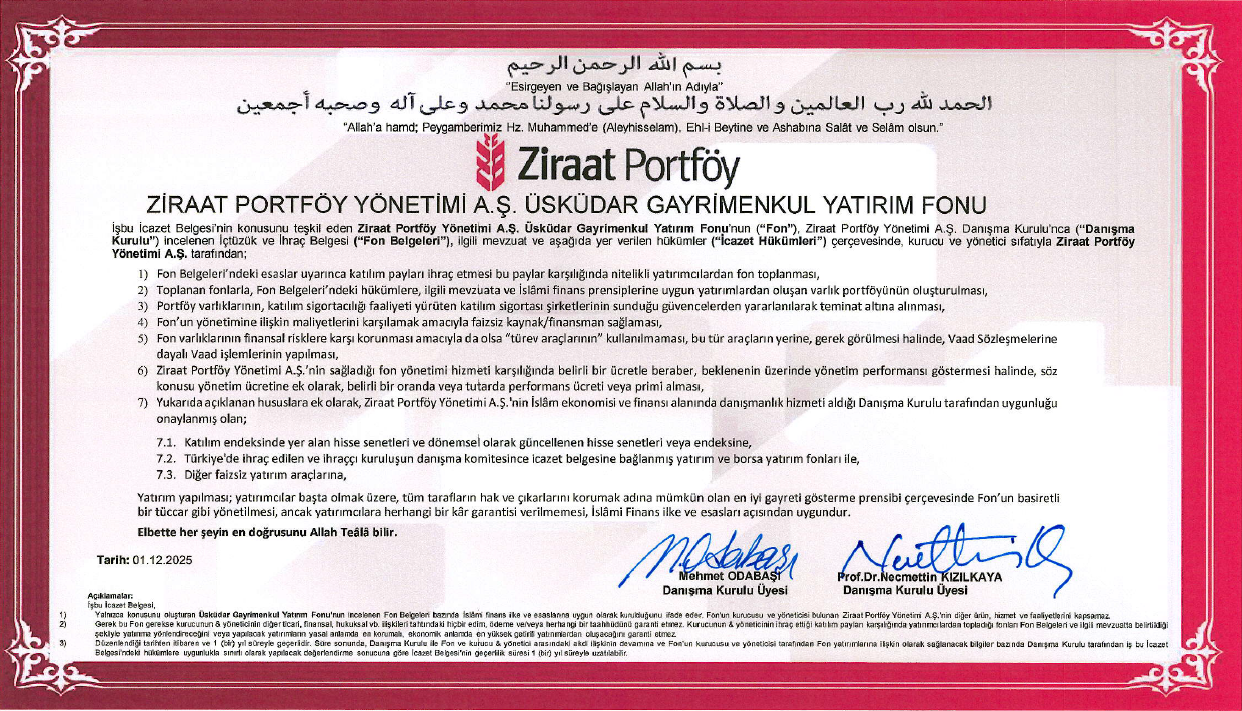 Ziraat Portföy Üsküdar Katılım GYF İcazet Belgesi