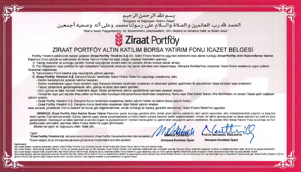 Ziraat Portföy Altın Borsa Yatırım Fonu İcazet Belgesi
