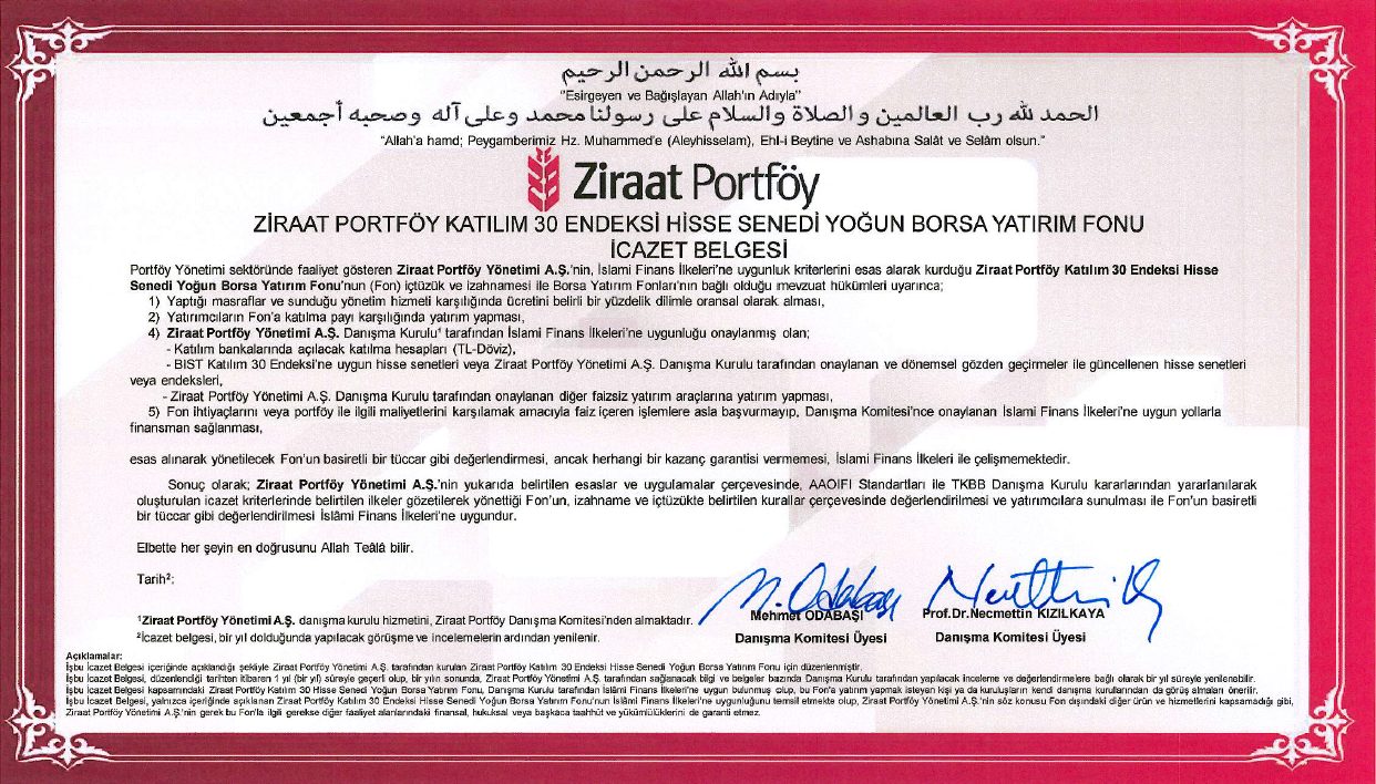 Ziraat Portföy Katılım 30 Endeksi İcazet Belgesi