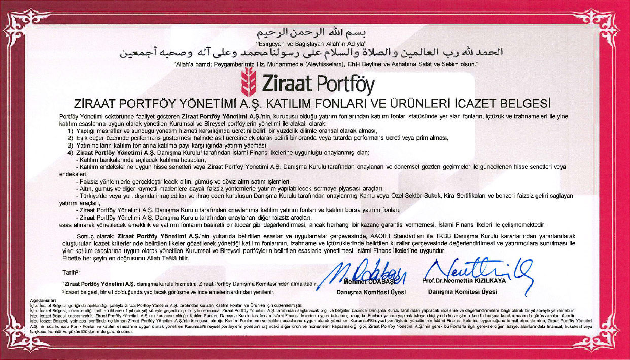 Ziraat Portföy İcazet Belgesi