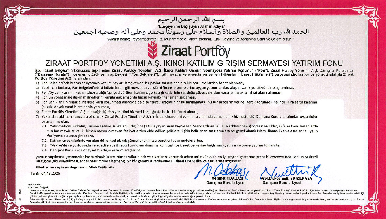 Ziraat Portföy İkinci Katılım GSYF İcazet Belgesi