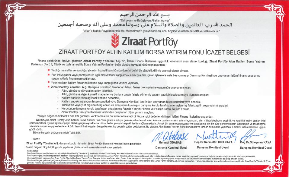 Ziraat Portföy Altın Borsa Yatırım Fonu İcazet Belgesi